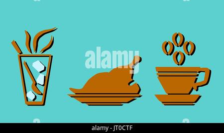 Vector icon flat glass with spoon, chicken on plate and coffee with smoke isolated. Stock Vector