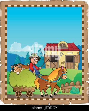 Parchment with farmer riding cart - eps10 vector illustration. Stock Vector