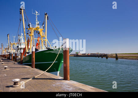 Trawlers in the harbour of Oudeschild on the island of Texel in The Netherlands on a sunny day. Stock Photo