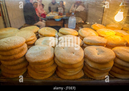 Sale of typical Moroccan bread. Souk Medina of Fez, Fes el Bali. Morocco, Maghreb North Africa Stock Photo