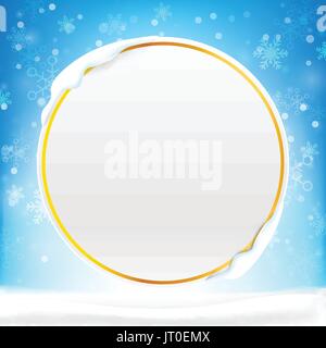 Blank circle frame with copy space and winter snow flake falling into snow floor  and lighting over blue abstract background for winter celebration an Stock Vector