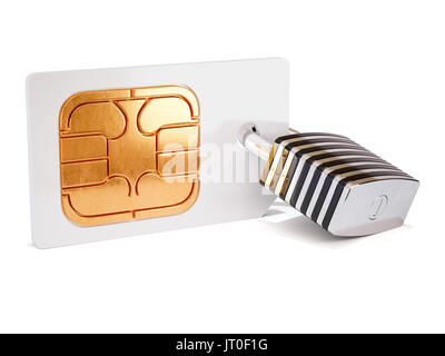 Simcard security protection concept. Sim card with padlock isolated on white background. 3d rendering illustration Stock Photo