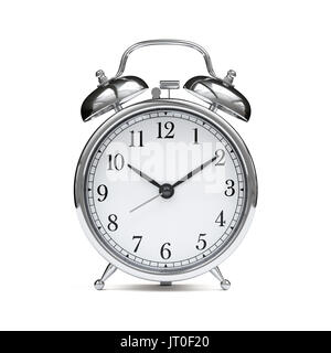 Old chrome fashioned alarm clock isolated on white background. 3d rendering illustration Stock Photo