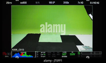 Video production recording monitor that have a green screen in studio and showed all shooting setup. Stock Photo