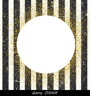 Invitation card design template. Vertical aged black lines seamless pattern and white circle shaped copyspace with golden chaotic dots. Stock Vector