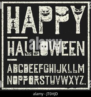 Happy Halloween decorative alphabet. Grunge stamp letters with scary elements (bats, graves, pumpkins). Vector font template. Stock Vector
