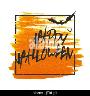 Happy Halloween. Bats on background. Grunge stamped rectangle frame on orange brush splashes. Stock Vector