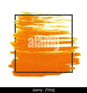 Grunge stamped rectangle frame on orange brush splashes. Square design template. Stock Vector
