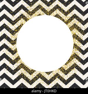Invitation card design template. Chevron seamless pattern and white circle shaped copyspace with golden chaotic dots. Stock Vector