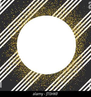 Invitation card design template. Diagonall white lines seamless pattern and white circle shaped copyspace with golden chaotic dots. Stock Vector