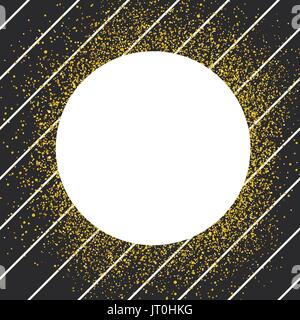 Invitation card design template. Diagonal black lines pattern and white circle shaped copyspace with golden chaotic dots. Stock Vector