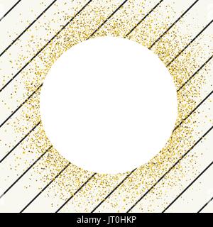 Invitation card design template. Diagonall thin black lines seamless pattern and white circle shaped copyspace with golden chaotic dots. Stock Vector