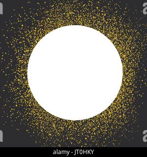 Invitation card design template. Black background and white circle shaped copyspace with golden chaotic dots. Stock Vector