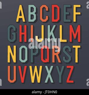 Colorful shadowed retro font. Multi colored letters on dark background. Sans serif type. Decorative vector alphabet Stock Vector