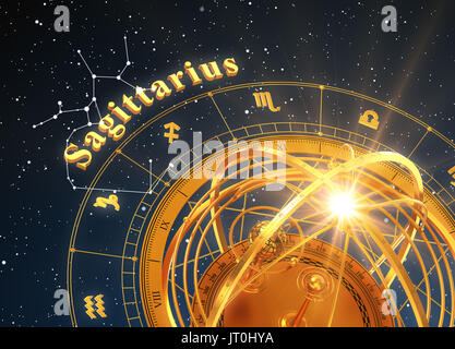 Zodiac Sign Sagittarius And Armillary Sphere On Blue Background. 3D Illustration. Stock Photo