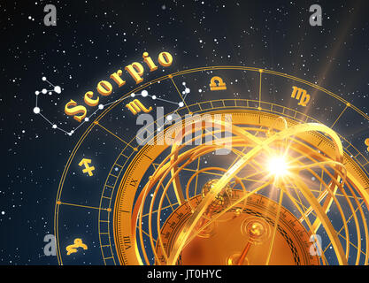 Zodiac Sign Scorpio And Armillary Sphere On Blue Background. 3D Illustration. Stock Photo