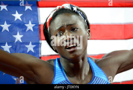 London, UK. 06th Aug, 2017. Torie Bowie celebrates her gold medal in the 100 mts at the Athletics World Championships, London 2017 Credit: Mariano Garcia/Alamy Live News