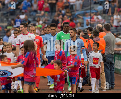 New York, United States. 06th Aug, 2017. New York, NY USA - August 6, 2017: Teams NYC FC & New Red Bulls enter field before MLS game on Yankee Stadium NYC FC won 3 - 2 Credit: lev radin/Alamy Live News Stock Photo