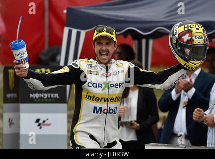 Swiss motorcycle road racer THOMAS LUTHI celebrates during the Grand Prix of the Czech Republic 2017 on the Brno Circuit in Czech Republic, on August 6, 2017. (CTK Photo/Vaclav Salek) Stock Photo