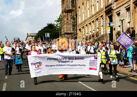 Glasgow, Scotland, UK. 7th Aug, 2017. 'Piping Live', Glasgow's 14th International Piping Festival, thought to be the biggest and most prestigious Piiping competition in the world, began with a march through the city centre by representatives of many of the bands involved to collect funds for Glasgow Children's Hospital Charity. 'Piping Live' is scheduled to attract over 40,000 spectators to watch more than 150 events over 7 days, and the first band to perform in George Square was the Scots School of Albury from Australia. Credit: Findlay/Alamy Live News Stock Photo