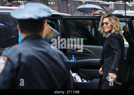 New York, United States. 07th Aug, 2017. Rita Sahatçiu Ora is a British-born Albanian singer, songwriter and actress born in Kosovo is seen emerging from a television program in the Times Square area of New York on Monday, 07. (Photo: William Volcov/Brazil Photo Press) Stock Photo