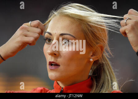 London, UK. 07th Aug, 2017. Germany's Kristin Gierisch prepares for the Women's triple jump finale at the IAAF World Championships in Athletics at the Olympic Stadium in London, UK, 07 August 2017. Photo: Rainer Jensen/dpa/Alamy Live News Stock Photo