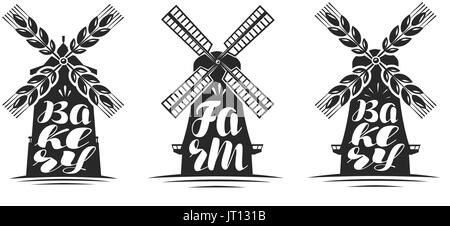 Bakery, farm logo or label. Mill, windmill icon. Lettering, calligraphy vector illustration Stock Vector