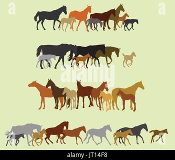 Group of black, grey, orange, brown silhouettes of horses (stallions, mares and foals) standing, walking, running on green background. Vector illustra Stock Vector