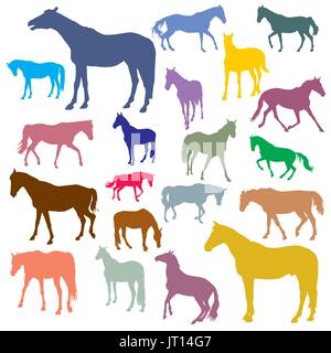 Vector isolated colorful standing, trotting and galloping horses silhouettes on white background Stock Vector