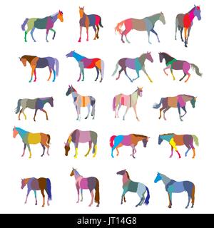 Set of mosaic vector colorful trotting and galloping horses silhouettes isolated on white background Stock Vector