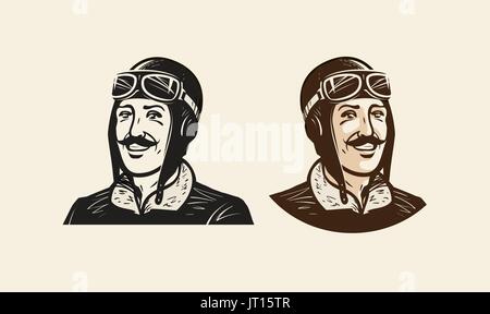 Portrait of smiling pilot or racer. Vintage sketch vector illustration Stock Vector