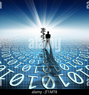 conceptual image of silhouetted directional sign and businessman on binary code matrix Stock Photo