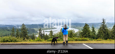 View of the Columbia River from parking lot at the Astoria Column in Oregon, USA. Stock Photo