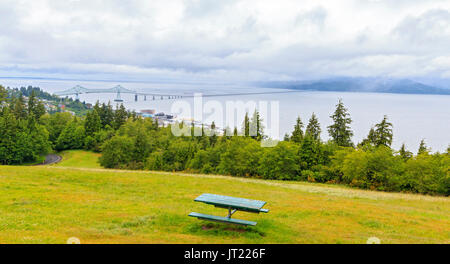 View of the Astoria-Magler Bridge from base of the Astoria Column in Oregon. The bridge crosses mouth of Columbia River connecting Oregon + Washington Stock Photo
