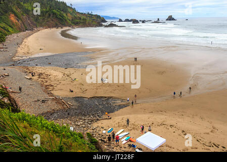 Surfers walk out to surf and return, seen from Indian Beach Trailhead, at Ecola State Park in Oregon, USA. This beach is popular with surfers. Stock Photo