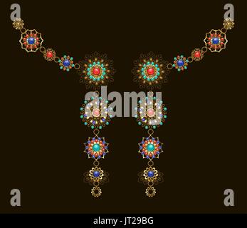 Symmetrical ethnic decoration with lapis lazuli, jasper and turquoise on a dark background. Jewelery in boho style. Stock Vector