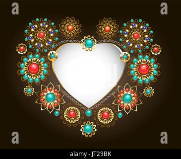 Ethnic frame in the form of a heart, decorated with turquoise and jasper on a dark background. Jewelery in boho style. Stock Vector