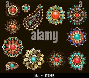 Set of jewelry ethnic Brooches adorned with jasper, turquoise and lapis lazuli. Jewelery in boho style. Stock Vector