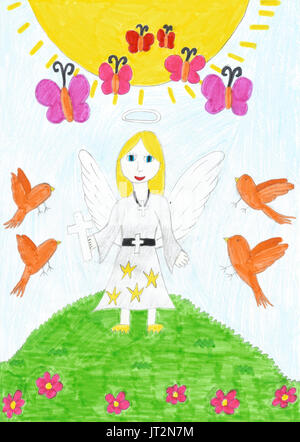 An angel hand drawn by child. Stock Photo