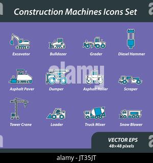 Construction machines set of flat icons Stock Vector