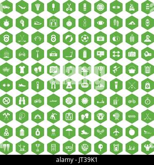 100 active life icons hexagon green Stock Vector