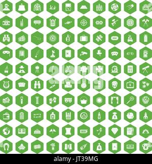 100 adult games icons hexagon green Stock Vector