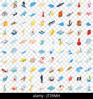 100 sea icons set, isometric 3d style Stock Vector