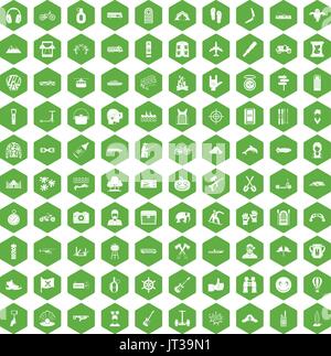 100 adventure icons hexagon green Stock Vector