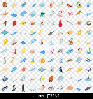 100 sea life icons set, isometric 3d style Stock Vector