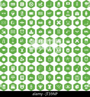 100 alarm clock icons hexagon green Stock Vector