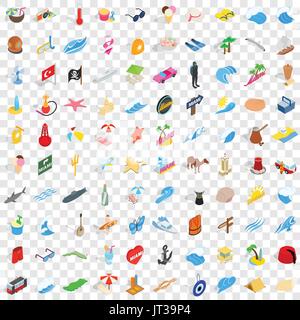 100 sea trip icons set, isometric 3d style Stock Vector