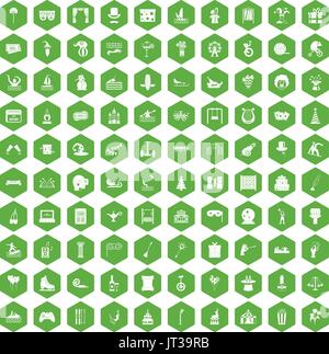 100 amusement icons hexagon green Stock Vector