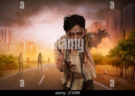 Crowd of creepy asian zombies with angry face walking Stock Photo - Alamy