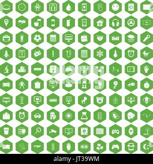 100 app icons hexagon green Stock Vector